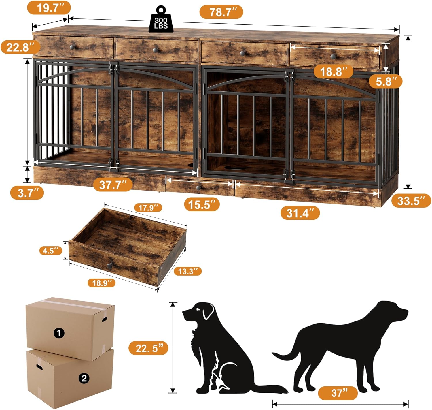 Garvee 78.7" Double Dog Crate Furniture with Storage and 4 Doors, Dog Kennel Indoor with Feeding Bowls, Wood Dog Crate TV Stand for Small Medium Dogs, Brown