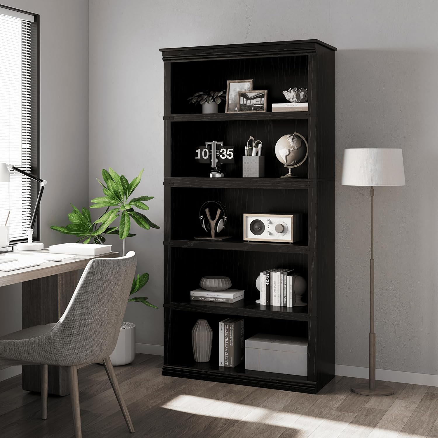 Garvee 5 Tier Bookcase, Farmhouse Book Shelf with Storage, Tall Book Case Wooden 5 Shelf Bookcase for Home Office, Living Room, Bed Room (Black, 67.4" H x 31.5" W x 12.8" D)