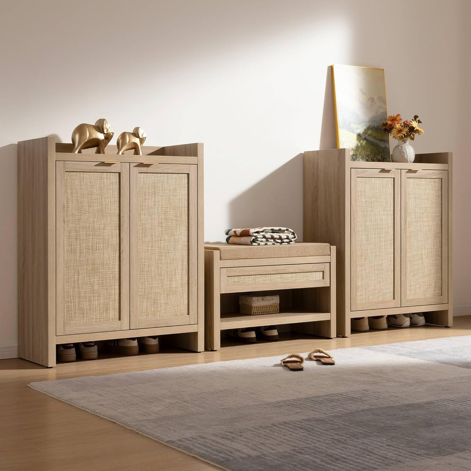 Garvee Boho 32" Rattan Shoe Storage Cabinet with 2 Doors and Adjustable Shelves for Entryway, Hallway, Living Room and Bedroom, Light Oak