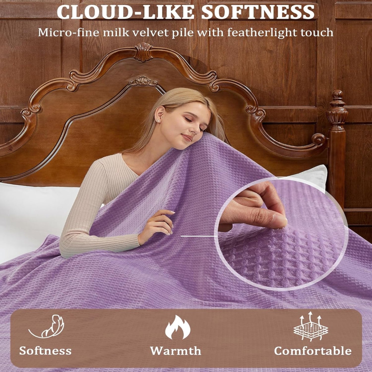 Garvee Heated Blanket Queen Size with Dual Control, Waffle Electric Blankets with ETL Certified, Soft Flannel Heating Blanket, 4 Heating Levels, 10 Hours Auto Off, Purple, 84" x 90"