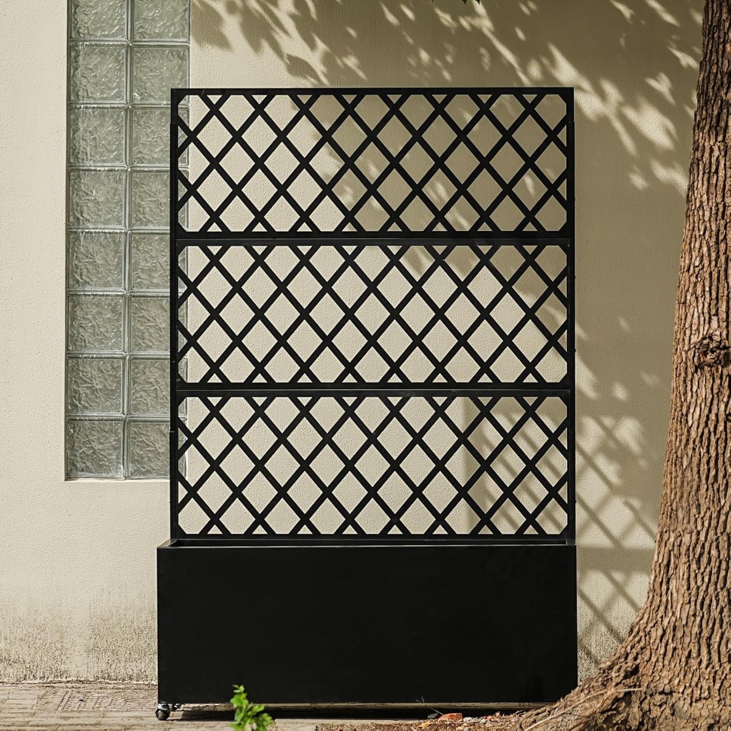 Garvee Mobile Black Galvanized Steel Raised Garden Bed with Trellis & Privacy Screen – Planter Box with Lockable Casters & Drainage Holes for Vegetables & Vines, Patio Deck or Yard – 71"X35"X16"