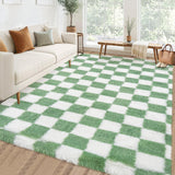 Garvee Area Rug 8x10 Classic Checkered Shaggy Rug Green White Soft Fluffy Carpet for Living Room Bedroom Nursery - Green