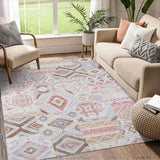 Garvee Boho Vintage Washable Bohemian Rug - Distressed Oriental Patchwork Design, Ultra-Thin Non-Slip Soft Chenille, Foldable for Living Room/Bedroom - Pink