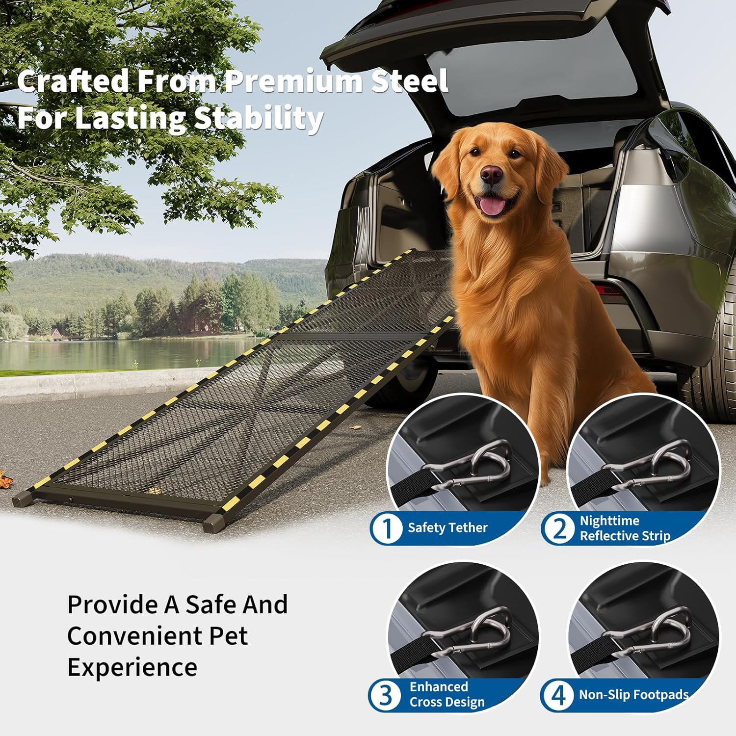 Garvee Heavy Duty Portable Steel Dog Ramp for Cars, 63"×17" Wide Folding Pet Ramp for Large Dogs with Anti-Slip Mesh Incline Access Car Ramp for SUV/Truck/RV, Outdoor Dog Ramp 300 lbs Capacity