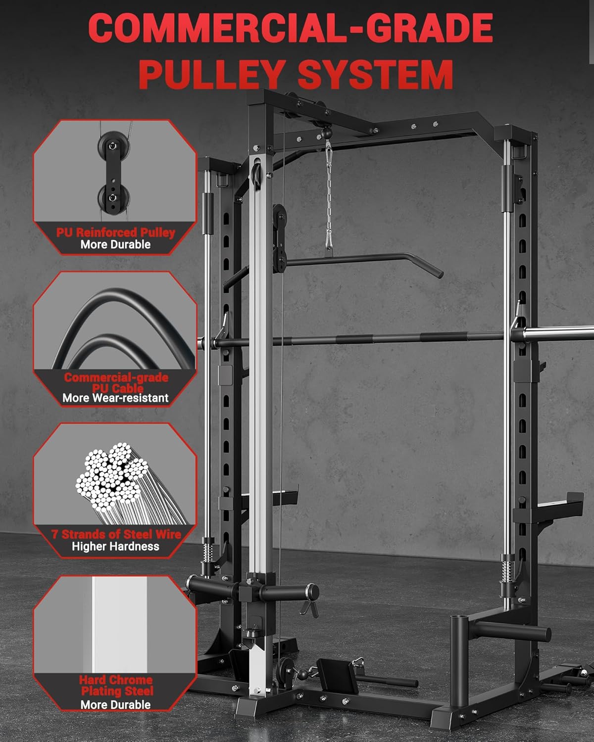 GARVEE Smith Machine Home Gym with Barbell Bar, Cable System, Lat Pulldown Attachments, Safety Spotter Arms, J Hooks, Landmine, Multi-Functional Squat Rack for Full Body Strength Training