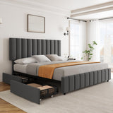 Garvee Grey Queen Linen Upholstered Bed Frame with 4 Storage Drawers, Adjustable Headboard, Sturdy Wooden Slats, No Box Spring Required, Easy Assembly - Gray