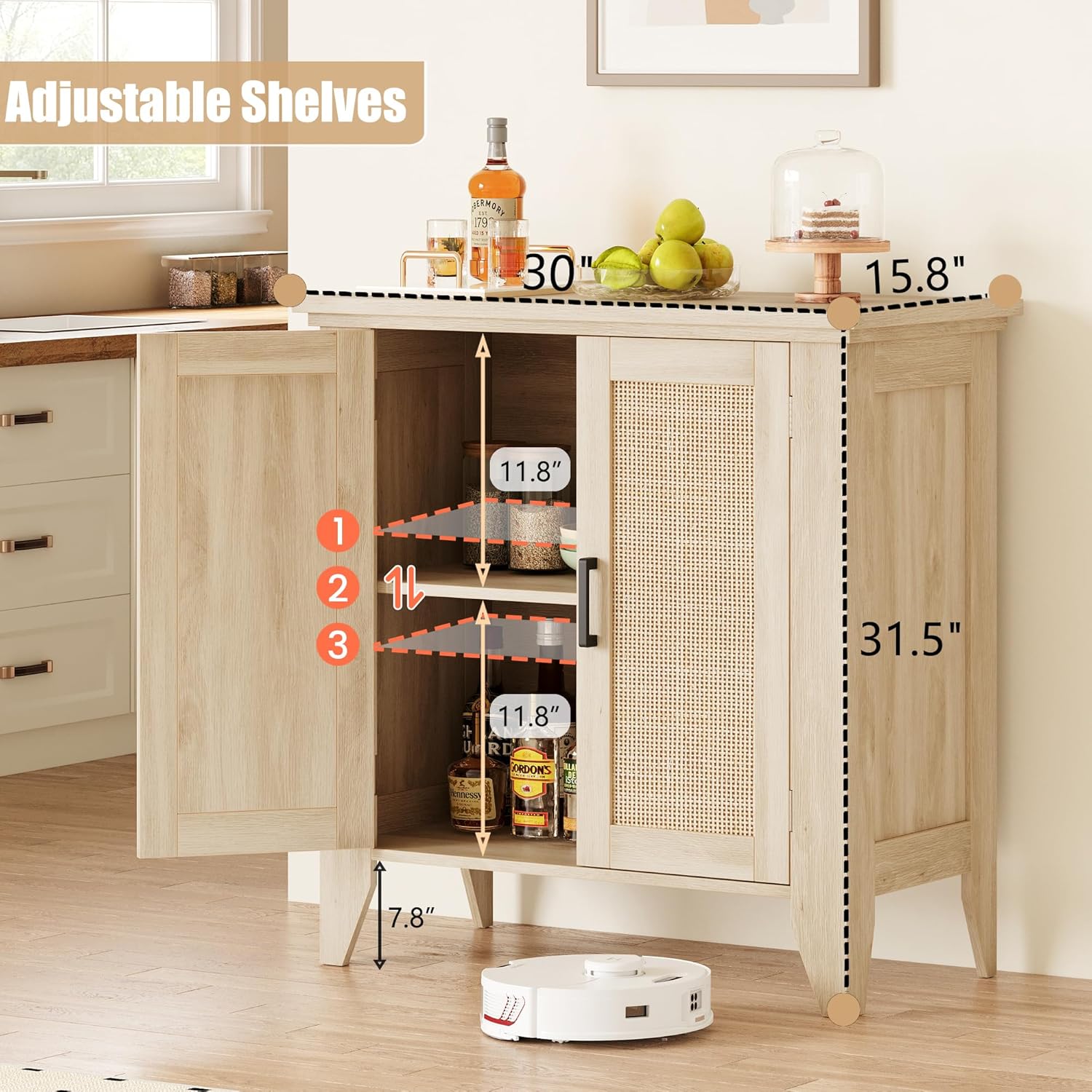 Garvee Buffet Cabinet Rattan Storage with Doors & Shelves, Wood Console for Living Room, Dining Room, Hallway, MDF & Natural Rattan, Adjustable Shelf - Wood Grain
