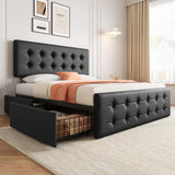 Garvee Queen Size Bed Frame with 4 Storage Drawers and Headboard, PU Upholstered Platform Bed Frame with Stitched Button Tufted Design, Wooden Slats Support, No Box Spring Needed, Black - Black PU