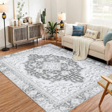 Garvee Washable Vintage Floral Area Rug 9x12- Non-Slip Print, Non-Shedding, Soft Foldable Carpets for Dining Room, Bedroom, Living Room, Kitchen Entryway, Grey - Gray