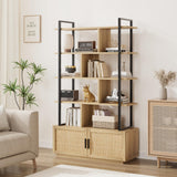 Garvee 5 Tier Rattan Bookshelf with Storage Cabinet & Door, 71.1 Inch Tall, Industrial, MDF & Metal Frame, Anti-Tip, Adjustable Feet, Easy Assembly, Living Room, Bedroom - Wood Color