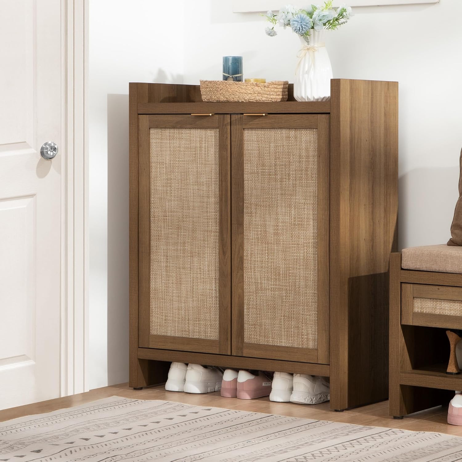 Garvee Boho 32" Rattan Shoe Storage Cabinet with 2 Doors and Adjustable Shelves for Entryway, Hallway, Living Room and Bedroom, Dark Oak