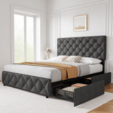 Garvee Queen Size Bed Frame with 4 Storage Drawers, Linen Upholstered Platform Bed Frame with Wooden Slats Support, Diamond Stitched Button Tufted, No Box Spring Needed, Dark Grey - Gray