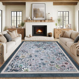 Garvee Machine Washable Rug 5x7 Non Slip Boho Area Rug Floral Vintage Low Pile Gray Blue for Living Room Bedroom Dining Room Kids Playroom - Gray Blue