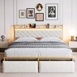 Garvee Full Bed Frame with Storage Headboard and 2 Drawers LED Lights Metal Platform Bed Frame with USB Ports&Outlets, Noise Free, No Box Spring Needed, White - Gold + Off White