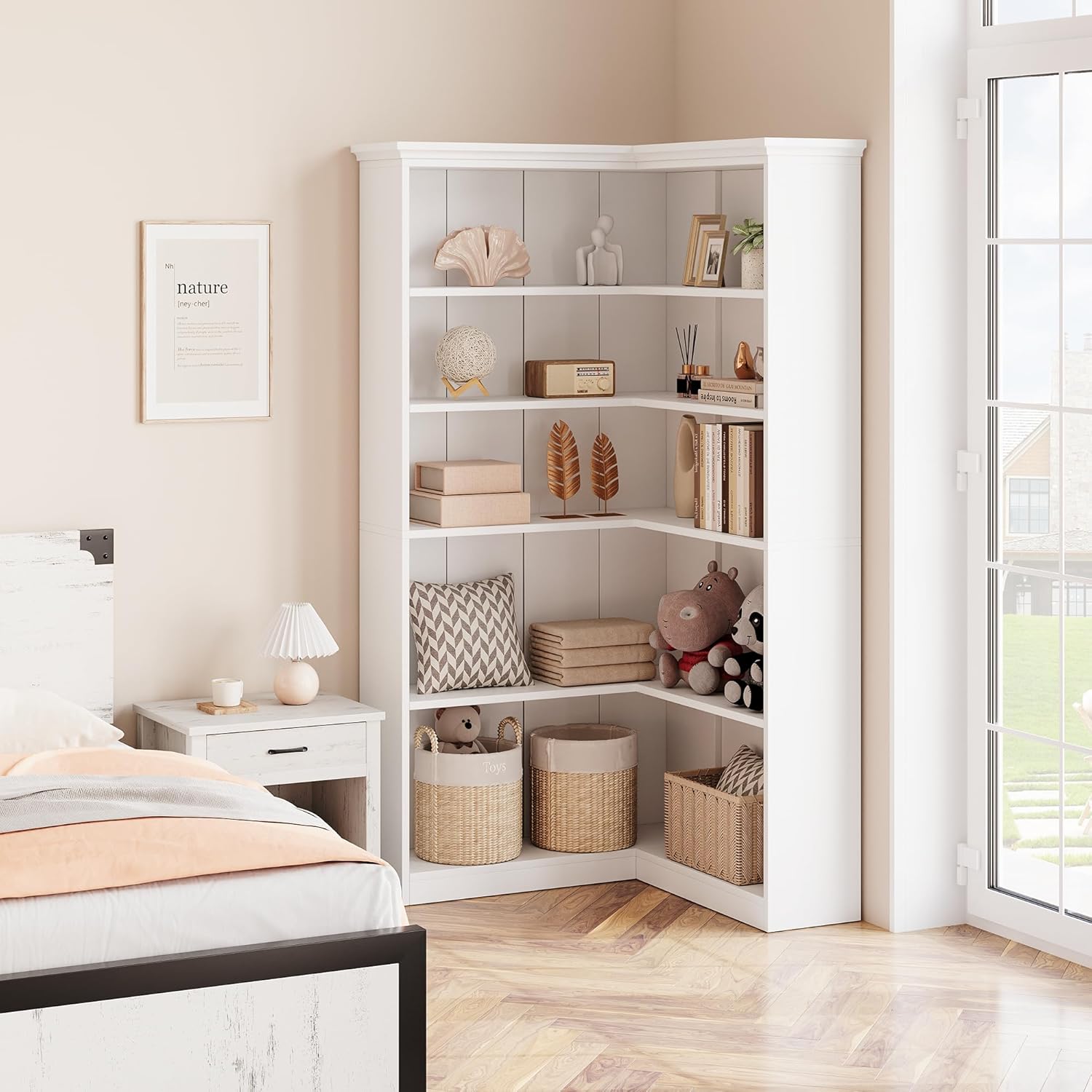 Garvee Farmhouse Bookshelf Corner Bookcase, 72.8” Large Bookcase Wood Bookshelf Tall L Shaped Bookshelf 5 Tier Corner Shelf Display Rack Etagere Shelf Storage for Office Bedroom (Full Panel, White)
