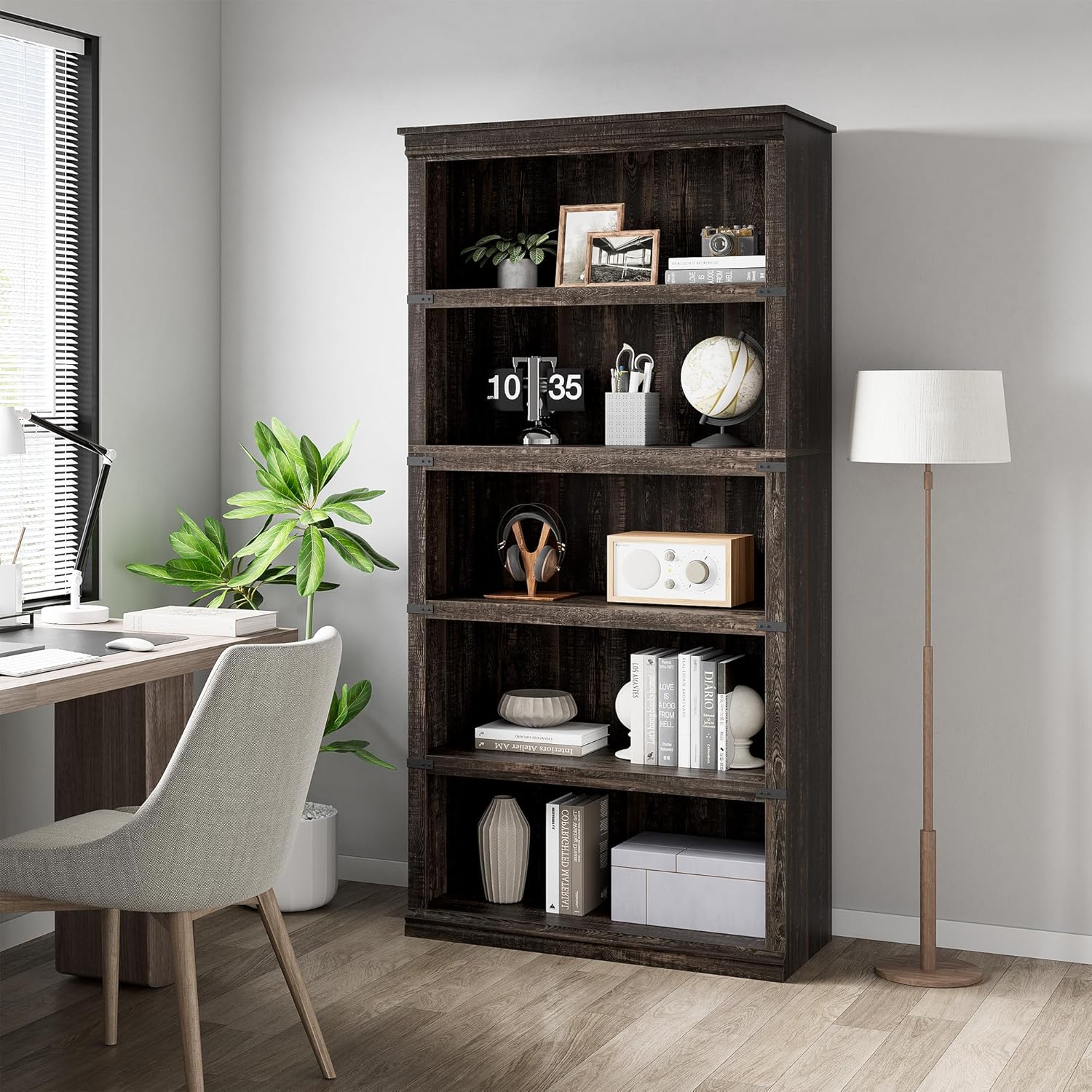 Garvee 5 Tier Bookcase, Farmhouse Book Shelf with Storage Open Display Bookshelves, 67.4" Tall Book Case Wooden 5 Shelf Bookcase Home Decor Furniture for Home Office, Living Room, Bed Room, Oak