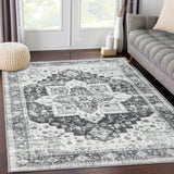 Garvee Vintage Area Rug Machine Washable Low-Pile Accent Carpet, Foldable Indoor Floor Cover for Bedroom, Living Room, Grey - Gray