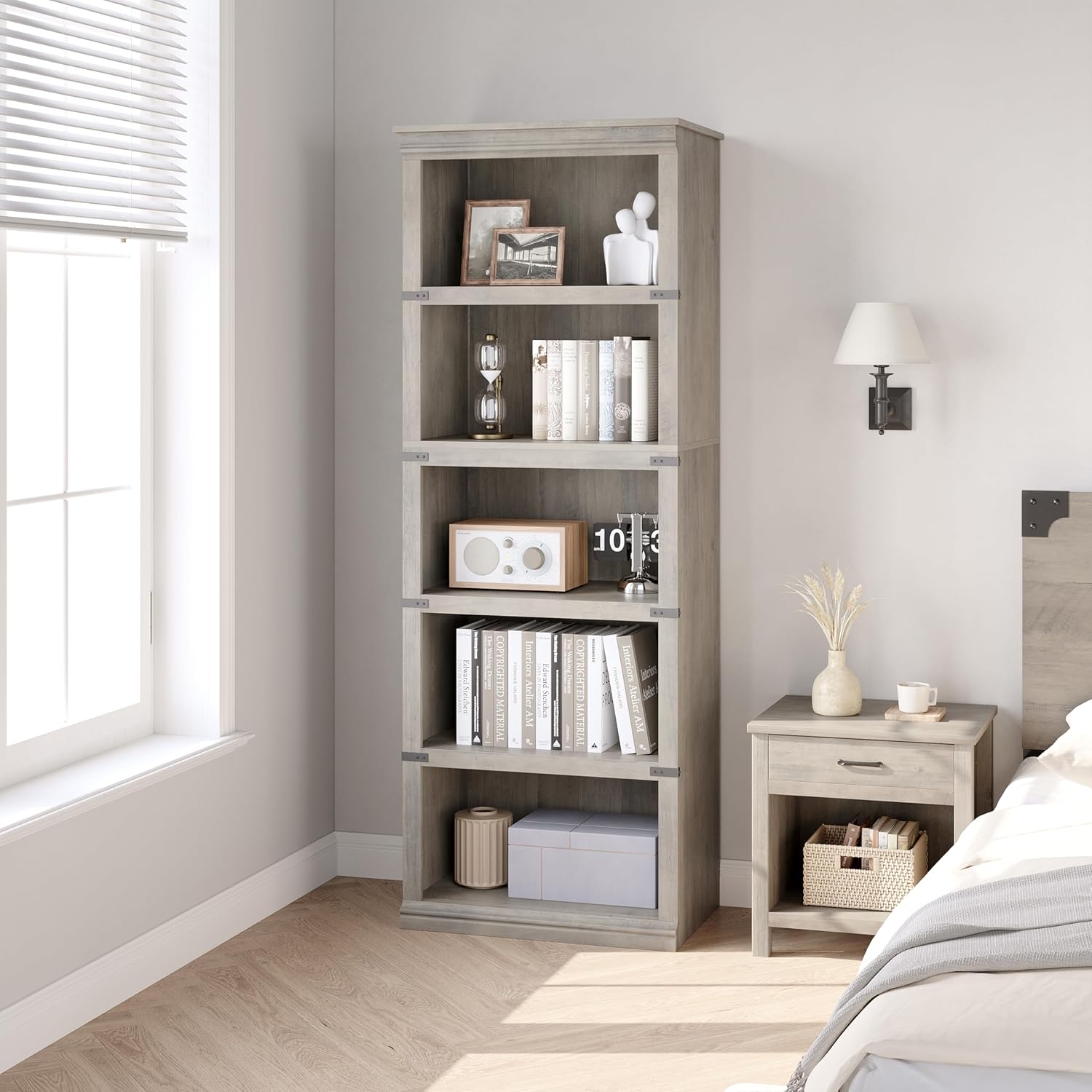 Garvee 5 Tier Farmhouse Bookcase, 67.4 in Tall Book Shelf with Storage, Wooden Bookshelves 5 Shelf Display Shelvesfor Home Office, Living Room, Bed Room (Gray, 67.4 in H x 24.4 in W x 12.8 in D)