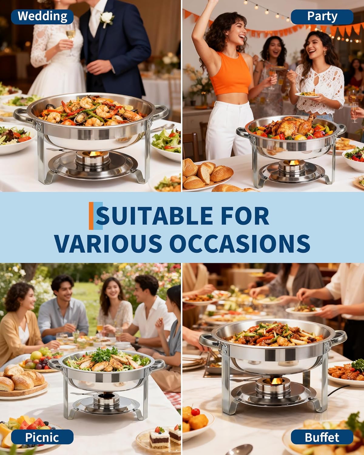 Garvee Heavy Duty 2 Pack 5QT Stainless Steel Round Chafing Dish Buffet Set - Stackable Catering Food Warmer with Lids for Parties, Weddings, Banquets - Portable & Easy Clean Buffet Server, 2pcs