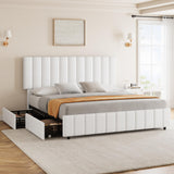 Garvee White Queen PU Leather Upholstered Bed Frame with 4 Storage Drawers, Adjustable Headboard, Sturdy Wooden Slats, No Box Spring Required, Easy Assembly - White PU Leather
