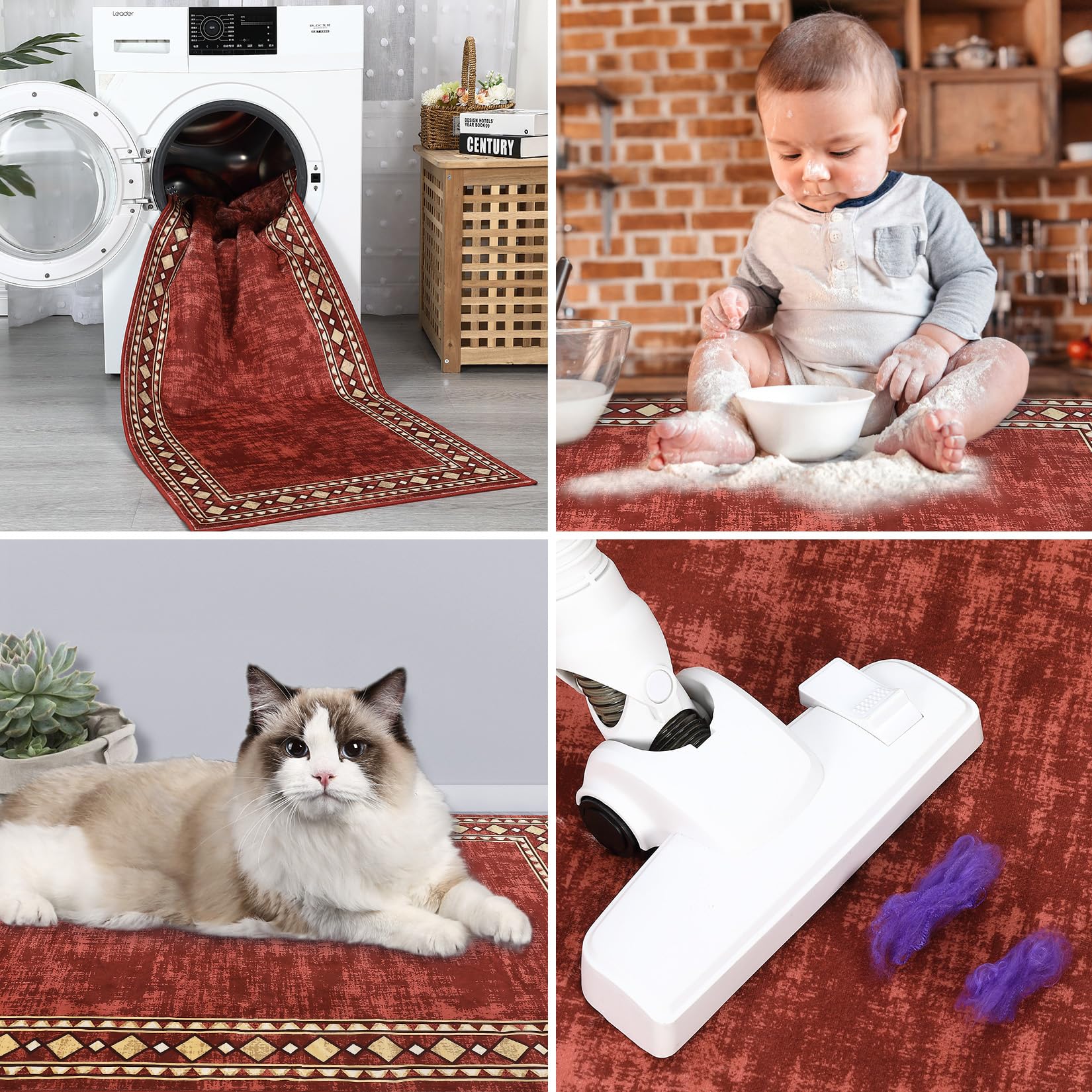 Garvee Bordered Red 4x6 Machine Washable Area Rug for Living Room Modern Bordered Area Rug, Non-Slip Stain Resistant Accent Rug Indoor Minimalist Border Floor Cover Carpet for Bedroom