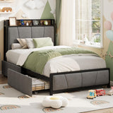 Garvee Twin Size Bed Frame with 2 Storage Drawers and Charging Station, Rustic Linen Upholstered Platform Bedframe with Storage Headboard, Heavy Duty, Easy to Assemble for Kids, Grey - Gray