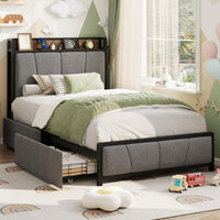 Garvee Twin Size Bed Frame with 2 Storage Drawers and Charging Station, Rustic Linen Upholstered Platform Bedframe with Storage Headboard, Heavy Duty, Easy to Assemble for Kids, Grey