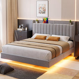 Garvee Full Floating Bed Frame with Charging Station & Storage Headboard, Upholstered Platform Full Size Bed Frame with LED Lights, Solid Wood Slats, Gray - Gray