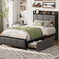 Garvee Twin Size Bed Frame with 2 Storage Drawers and Charging Station, Rustic Linen Upholstered Platform Bedframe with Storage Headboard, Heavy Duty, Easy to Assemble for Kids, Grey