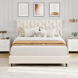 Garvee Queen Size Platform Bed Frame Upholstered Headboard Wooden Slats Beige Easy Assembly Durable Support - Beige