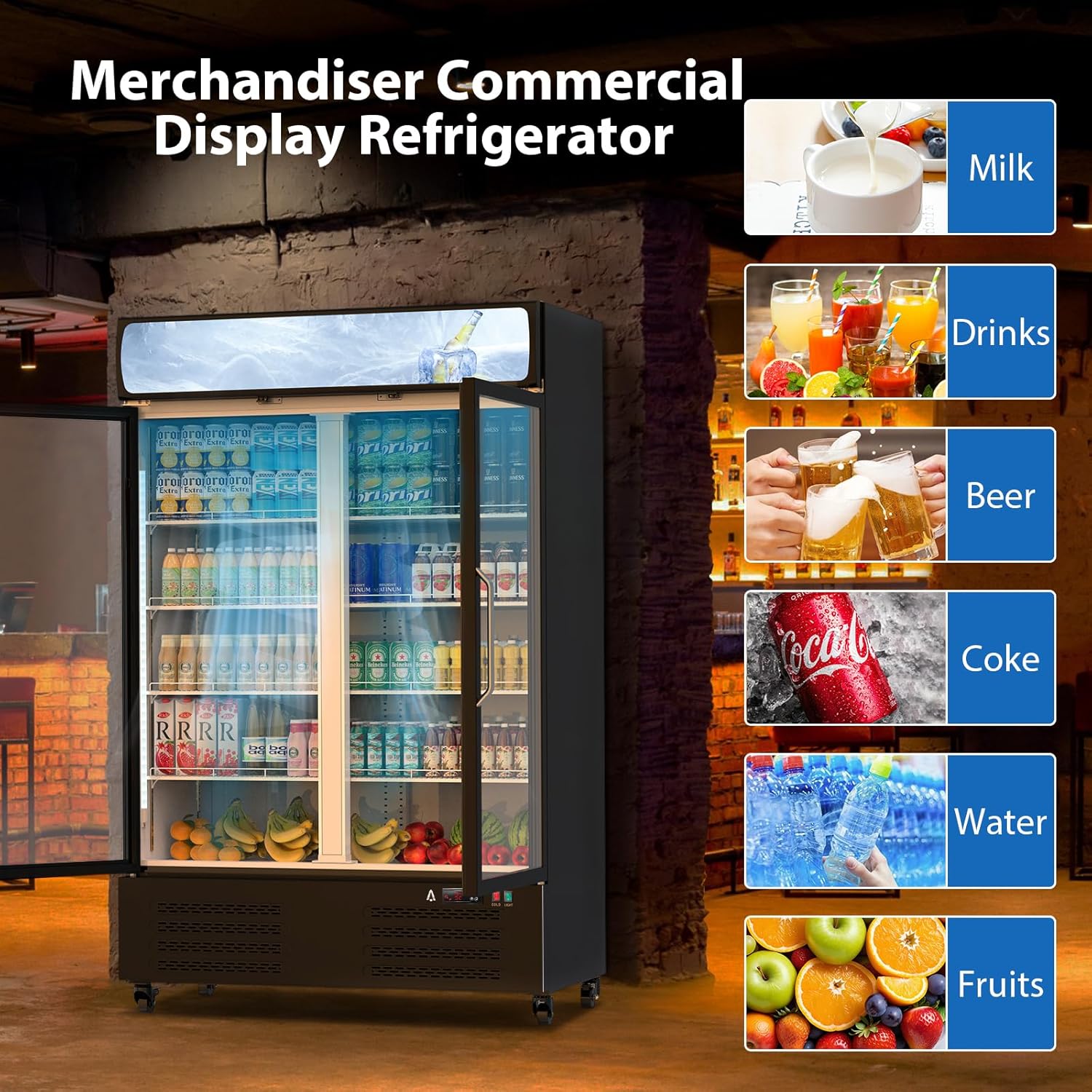 Garvee Commercial Refrigerator, Glass Door with LED Lighting - Upright Beverage Display Cooler for Home, Store, Gym, or Office, Featuring Double Swing Doors and 36.3 cu.ft