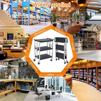 Garvee 3-Shelf Foldable Service Cart, 330Lbs Capacity, Lockable Swivel Wheels, Portable Utility Cart for Home, Office, and Warehouse