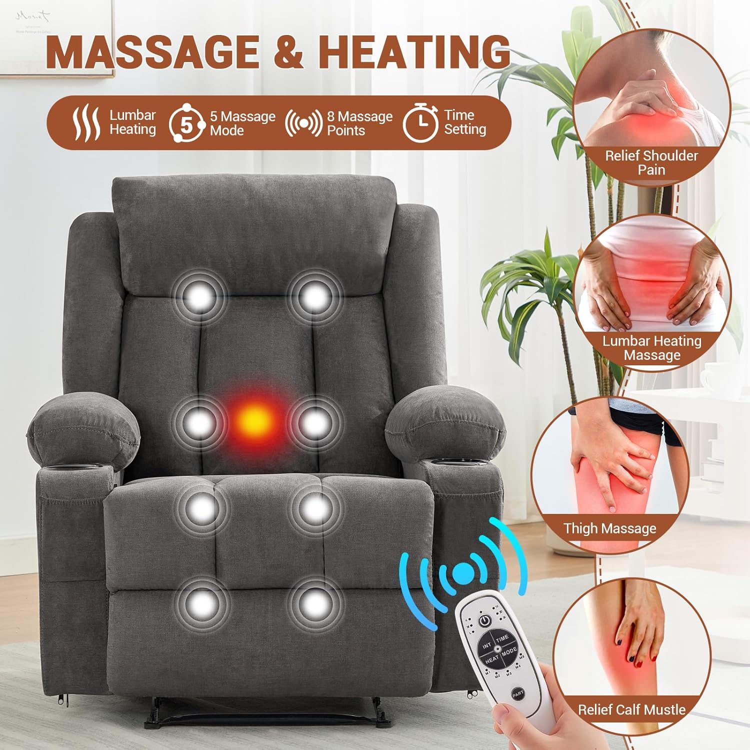 Garvee Recliner Chair 24" Seat Width, Manual Reclining Sofa with Massage and Heat, Comfy Overstuffed Rocking Chair with Side Pockets, Front Pockets and Cup Holder for Living Room, Gray
