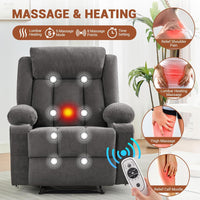 Garvee Recliner Chair 24" Seat Width, Manual Reclining Sofa with Massage and Heat, Comfy Overstuffed Rocking Chair with Side Pockets, Front Pockets and Cup Holder for Living Room, Gray