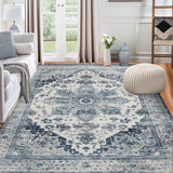 Garvee Small Area Rug Geometric Rug Washable Throw Rug Vintage Bordered Kitchen Bathroom Rug for Entryway Entry Doorway Entry Way 5 x 7 Small Rug Aesthetic Rug Non-Shedding Anti-Slip Rug, Blue - Blue