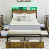 Garvee Queen Bed Frame with RGB Lights, 6 Drawers, Headboard and Fast Charger - Rustic Brown, No Box Spring Needed, Easy Assembly with Storage - Brown