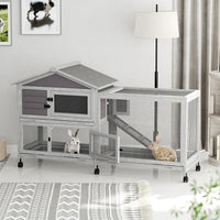 Garvee 63“ Rabbit Cage with Weatherproof Roof, Bunny Cage with 6 Lockable Caster Wheels & Pull-Out Tray, Rabbit Hutch for Indoor Outdoor Use, Grey
