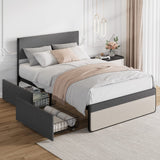Garvee Full Size Platform Bed Frame with 2 Storage Drawers, Upholstered Headboard, Steel Slat Support, Linen Fabric, Noise-Free, Easy Assembly - Gray