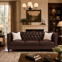 Garvee Modern Chesterfield 81" Leather Sofa - 3-Seater Deep Seat Tufted Couch - Sturdy Wooden Frame, Comfortable & Stylish Mid-Century Living Room Furniture for Apartment, Office, Home - PU Brown