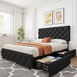 Garvee Full Size Bed Frame with 4 Storage Drawers, Linen Upholstered Platform Bed Frame with Adjustable Headboard, Diamond Stitched Button Tufted, No Box Spring Needed, Black - Black