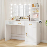 Garvee Modern Makeup Vanity Desk with Lighted Mirror, Charging Station, 3 Drawers, Cabinet, Open Shelves, Upholstered Stool – Wooden Bedroom Dressing Table with USB Outlets for Women & Teens, White - White