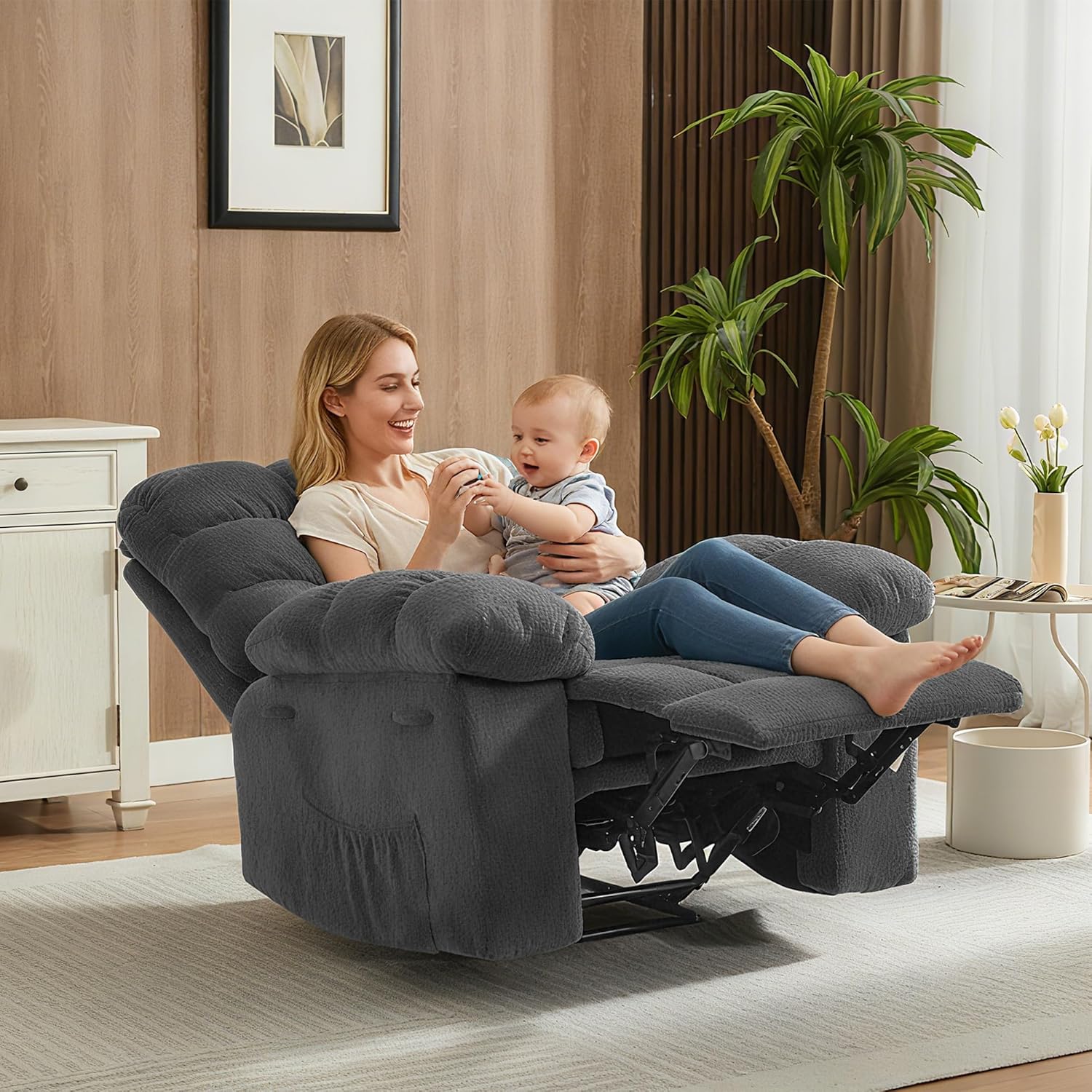 Garvee Manual Recliner Chair for Living Room, Overstuffed Fabric Reclining Sofa with Side Pockets, Ergonomic Upholstered Lazy Chair with Q235 Steel Frame for Adults (Grey)
