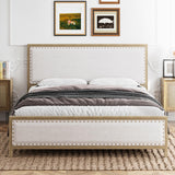 Garvee King Size Metal Bed Frame with Linen Upholstered Headboard, Rivet Design, Wood Grain, No Box Spring Needed, Vintage Style - White & Natural
