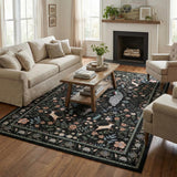 Garvee Floral 5x7 Area Rugs Washable Non Slip Low Pile Soft Indoor Floral Animals Accent Rug Black for Living Room Bedroom Nursery - Black