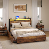 Garvee Queen Size Bed Frame with 4 Storage Drawers & Headboard Metal Platform Bed with LED Lights USB Ports & Outlets Non-Slip Strong No Box Spring Needed - brown