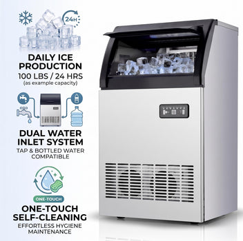 GARVEE 100Lbs/24H Commercial Ice Maker Machine, Stainless Steel Undercounter Ice Machine with Dual Tap & Bottle Water Inlet, 33Lbs Storage Bin for Home Bar, Cafe, Restaurant & Office