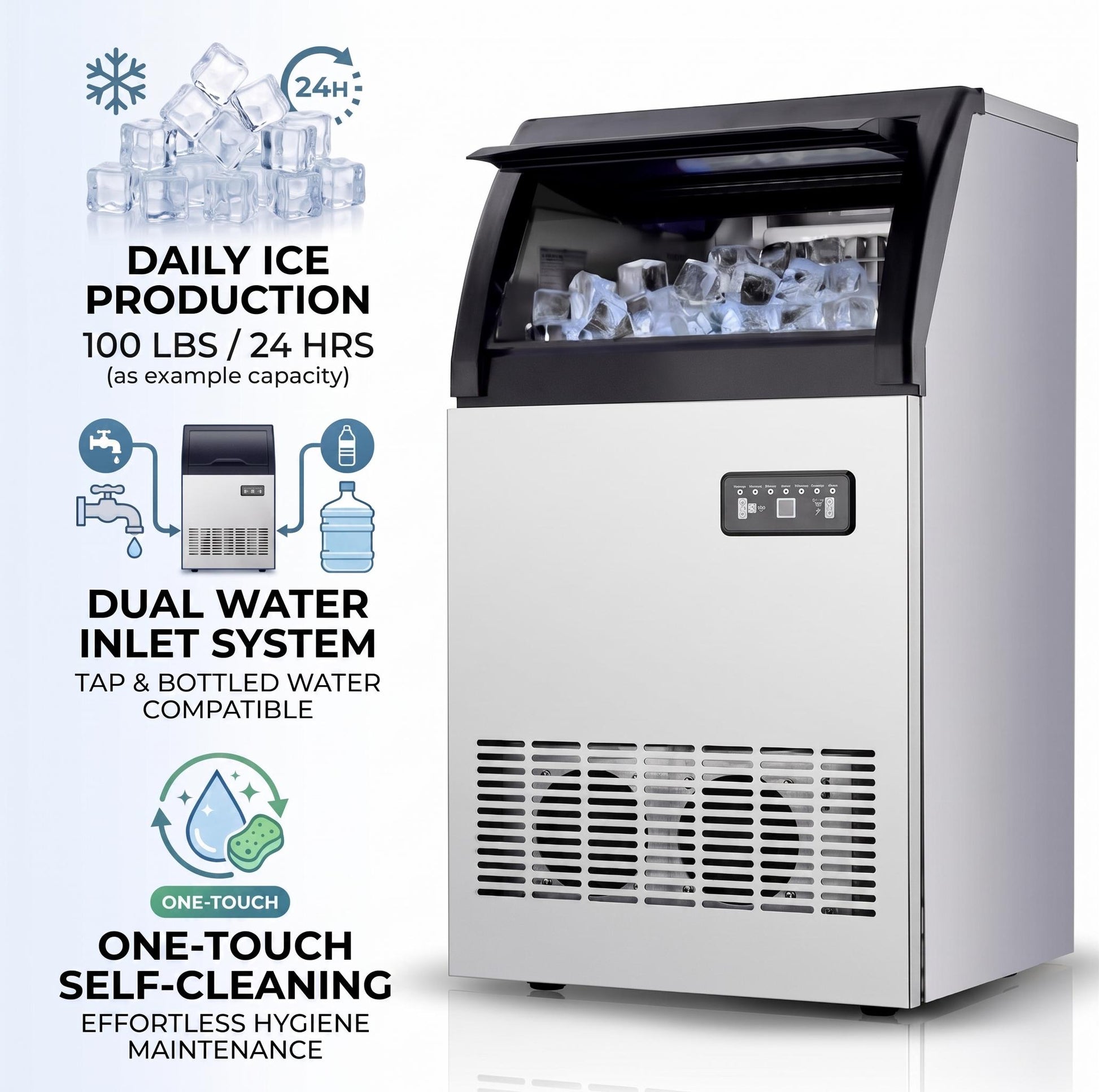 GARVEE 100Lbs/24H Commercial Ice Maker Machine, Stainless Steel Undercounter Ice Machine with Dual Tap & Bottle Water Inlet, 33Lbs Storage Bin for Home Bar, Cafe, Restaurant & Office