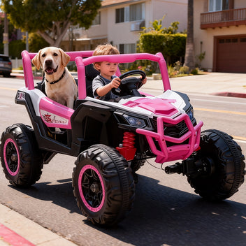 Garvee 2 Seater Ride on Car for Kids, 24V Powered Electric Off-Road UTV Ride Toy, 4WD Electric Vehicle with Remote Control, LED Lights, Bluetooth, 3 Speeds, Horn, 2 Spring Suspension