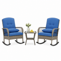 Garvee 3 pieces Outdoor Wicker Rocking Chair, PE Rattan Patio Rocker with Thick Cushions, Steel Frame, All-Weather Rocking Chair for Porch, Garden & Backyard, Blue