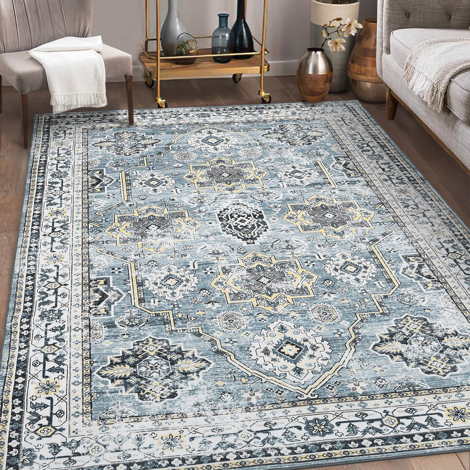 Garvee Washable Rugs 8 x 10 Rug for Living Room Boho Vintage Area Rug for Bedroom Indoor Floral Bohemian Oriental Large Rug Soft Non Shedding Stain Resistant Carpet for Dining Room 8'x10' Blue
